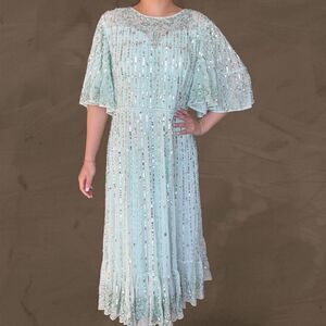 Mac Duggal blue Sequined embellished Flounce Sleeve Midi Dress size 12